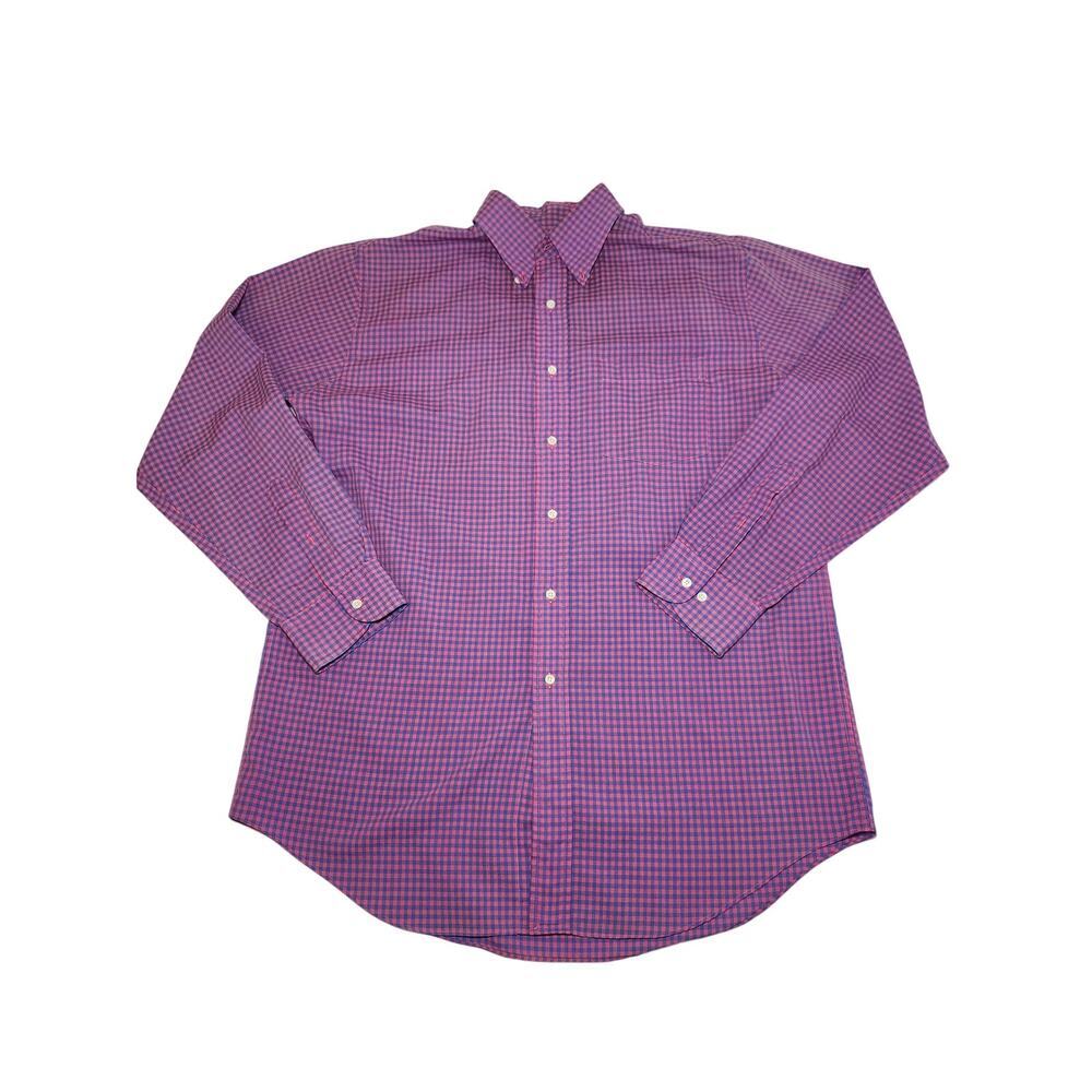 Lands' End Button-Down Shirt Men's Pink Sz 16 Cotton Blend Preppy Gingham